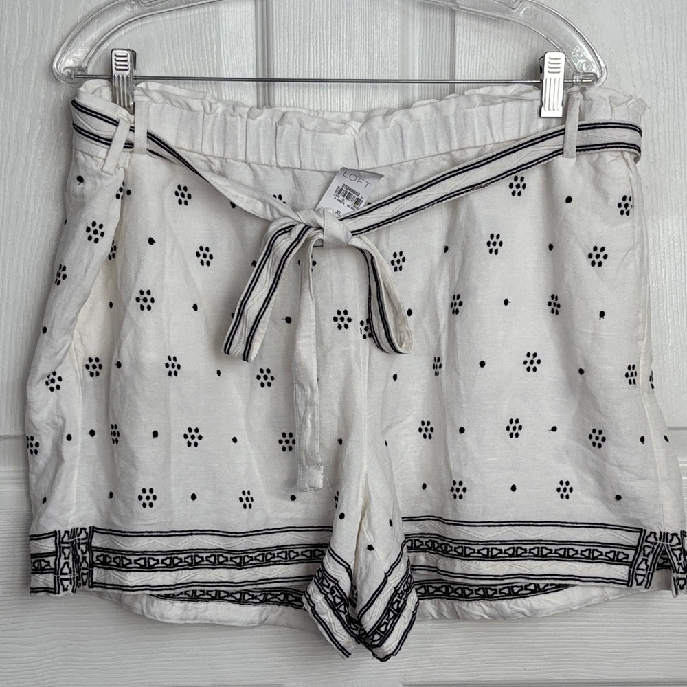 New LOFT White Black Embroidered Shorts Linen Viscose Blend Tie Waist Size XL